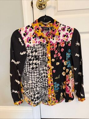Mixed-Print Floral & Houndstooth Button-Up Shirt Jacket - Multicolor